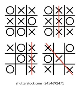 Set tic tac toe in hand drawn style. X-O game. Editable stroke.