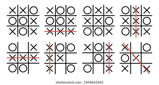 Set tic tac toe in hand drawn style. X-O game. Editable stroke.