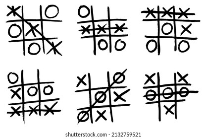 Set tic tac toe sketched isolated. Vintage game in hand drawn style. Engraved cross and zero designed for poster, print, book illustration, logo, icon, tattoo. Vintage vector illustration.