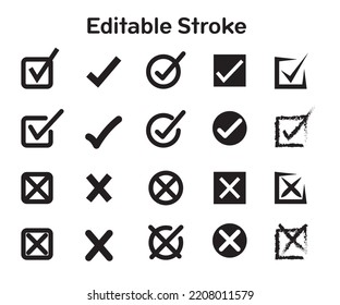 Conjunto de iconos de marca de verificación de marca de graduación. Blanco y negro. Signo y vector de símbolo