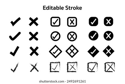 Set of tick check mark icons. Black and white. Sign and symbol vector. Editable Stroke