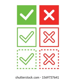Set tick and cross different signs. Check mark and X icons. Vector illustration.
