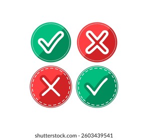 Set of tick and cross icon vector isolated on circle. Red Wrong icon  and green tick icon using circle shape.