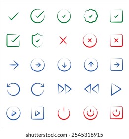 Conjunto de tick, cross, play e icono de poder. Garrapata verde y roja, cruz, juego e icono de poder.