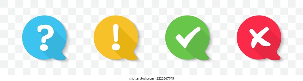 Set of tick, cross, question mark, exclamation point icons in speech bubble with shadow