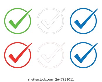 Conjunto de iconos de garrapatas. Compruebe la colección del Botón aislado en el fondo blanco. Iconos de marca de verificación en negro, blanco, verde y verde oscuro. Cuatro iconos de marca de verificación de color en círculos. marca de verificación, verificación, icono, símbolo, 