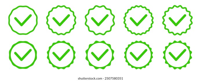 Conjunto de iconos de garrapatas. Iniciar sesión de marca de verificación verde alrededor de Formas onduladas. Sí, bien o Botones hechos. La mejor opción, original, certificado o símbolos de verificación aislados sobre fondo blanco. Ilustración vectorial.