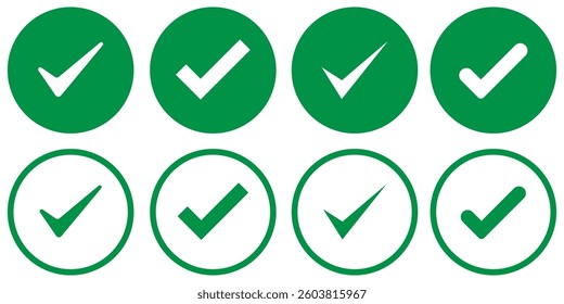Set of tick icons. Vector symbols set, checkmarks collection isolated on white background. Checked icon or correct choice sign. Check mark or checkbox pictogram. Check Mark Icon Set Flat Design. EPS10