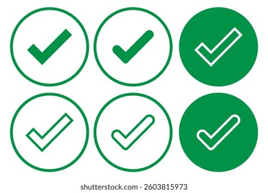 Set of tick icons. Vector symbols set, checkmarks collection isolated on white background. Checked icon or correct choice sign. Check mark or checkbox pictogram. Check Mark Icon Set Flat Design. EPS10