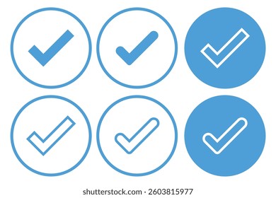 Set of tick icons. Vector symbols set, checkmarks collection isolated on white background. Checked icon or correct choice sign. Check mark or checkbox pictogram. Check Mark Icon Set Flat Design. EPS10