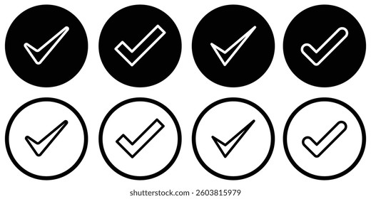 Set of tick icons. Vector symbols set, checkmarks collection isolated on white background. Checked icon or correct choice sign. Check mark or checkbox pictogram. Check Mark Icon Set Flat Design. EPS10