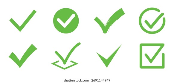  Conjunto de marca de graduación con icono de Casilla de verificación. signo de marca de verificación verde para App, ui, Sitio web. Ilustración vectorial. Marca de verificación verde, marca verde, marca de verificación icono conjunto de Botones.