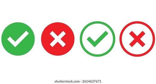 Set of  tick mark and cross mark isolated  with white background, check and cross mark icon set. checkmark and x mark icon use for apps and website. checkmark, icon, vector.