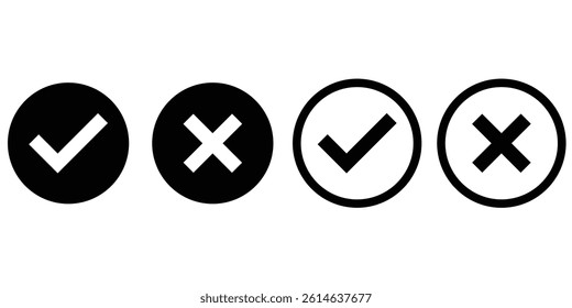 Set of  tick mark and cross mark isolated  with white background, check and cross mark icon set. checkmark and x mark icon use for apps and website. checkmark, icon, vector.