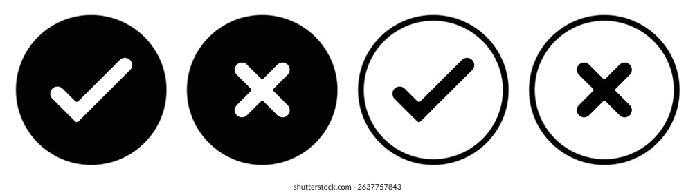 Set of tick mark and cross mark isolated in black colour and stroke with white background, check and cross mark icon set. checkmark and x mark icon use for apps and website. checkmark, icon, vector.