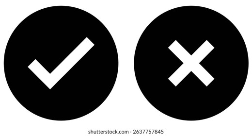 Set of tick mark and cross mark isolated in black colour and stroke with white background, check and cross mark icon set. checkmark and x mark icon use for apps and website. checkmark, icon, vector.