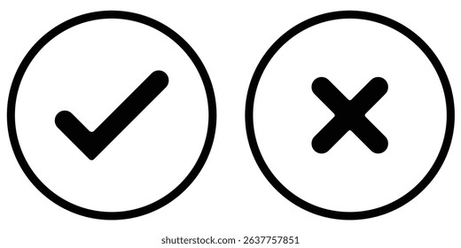 Set of tick mark and cross mark isolated in black colour and stroke with white background, check and cross mark icon set. checkmark and x mark icon use for apps and website. checkmark, icon, vector.
