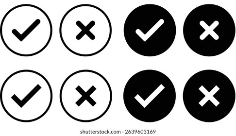 Set of tick mark and cross mark isolated in black colour and stroke with white background, check and cross mark icon set. checkmark and x mark icon use for apps and website. checkmark, icon, vector.