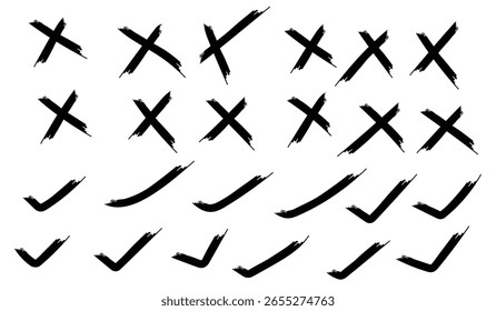 Conjunto de marca de verificação e marca de cruz isoladas em preto e traçado com fundo branco, ícone de marca de verificação e marca de cruz definido. marca de verificação e ícone de marca de x usar para aplicativos e site. marca de verificação, ícone, vetor