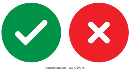 Set of tick mark in green and cross mark in red colour and stroke with white background, check and cross mark icon set. checkmark and x mark icon use for apps and website. checkmark, icon, vector.