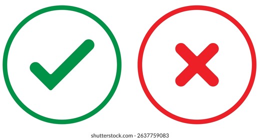 Set of tick mark in green and cross mark in red colour and stroke with white background, check and cross mark icon set. checkmark and x mark icon use for apps and website. checkmark, icon, vector.
