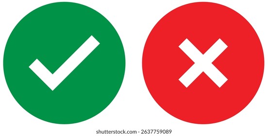 Set of tick mark in green and cross mark in red colour and stroke with white background, check and cross mark icon set. checkmark and x mark icon use for apps and website. checkmark, icon, vector.