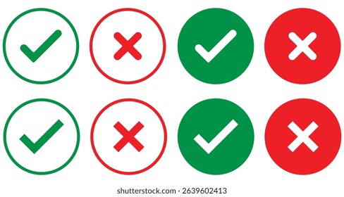 Set of tick mark in green and cross mark in red colour and stroke with white background, check and cross mark icon set. checkmark and x mark icon use for apps and website. checkmark, icon, vector.