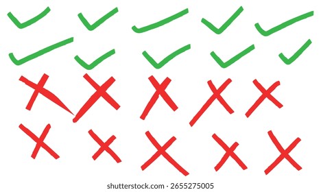 Set of tick mark in green and cross mark in red colour and stroke with white background, check and cross mark icon set. checkmark and x mark icon use for apps and website. checkmark, icon, vector.