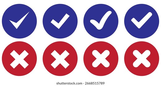Conjunto de marca de verificación en verde y marca cruzada en color rojo y trazo con fondo blanco, marca de verificación y marca cruzada conjunto de iconos. marca de verificación y marca de X uso de iconos para App y Sitio web. marca de verificación, icono, Vector