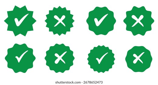 Conjunto de marca de verificación en verde y marca cruzada en color rojo y trazo con fondo blanco, marca de verificación y marca cruzada conjunto de iconos. marca de verificación y marca de X uso de iconos para App y Sitio web. marca de verificación, icono, Vector