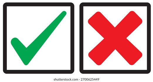 Set of tick mark in green and cross mark in red colour and stroke with white background, check and cross mark icon set. checkmark and x mark icon use for apps and website. checkmark, icon, vector