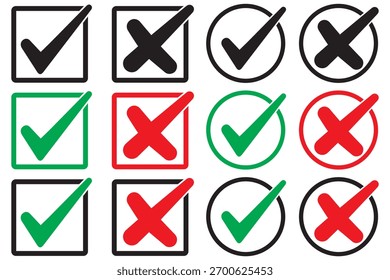 Satz von Häkchen in Grün und Kreuz in roter Farbe und Strich mit weißem Hintergrund, Häkchen und Kreuz Symbol gesetzt. Verwendung von Häkchen und X-Zeichen-Symbolen für Apps und Websites. Häkchen, Symbol, Vektor