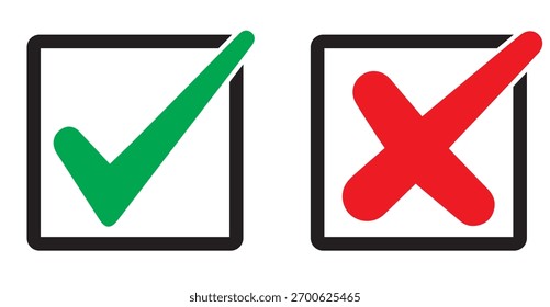 Conjunto de marca de verificación en verde y marca cruzada en color rojo y trazo con fondo blanco, marca de verificación y marca cruzada conjunto de iconos. marca de verificación y marca de X uso de iconos para App y Sitio web. marca de verificación, icono, Vector
