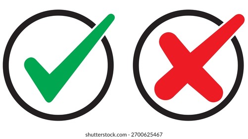 Conjunto de marca de verificação em verde e marca de cruz em vermelho e traçado com fundo branco, ícone de marca de verificação e marca de cruz definido. marca de verificação e ícone de marca de x usar para aplicativos e site. marca de verificação, ícone, vetor