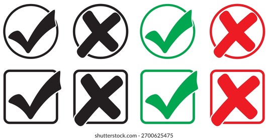 Satz von Häkchen in Grün und Kreuz in roter Farbe und Strich mit weißem Hintergrund, Häkchen und Kreuz Symbol gesetzt. Verwendung von Häkchen und X-Zeichen-Symbolen für Apps und Websites. Häkchen, Symbol, Vektor