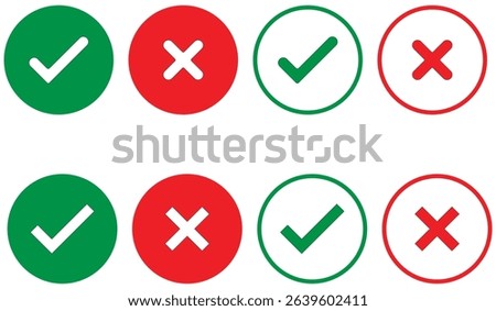 Set of tick mark in green and cross mark in red colour and stroke with white background, check and cross mark icon set. checkmark and x mark icon use for apps and website. checkmark, icon, vector.