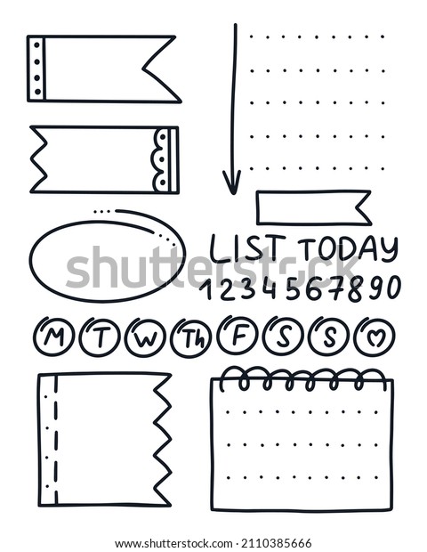 Set tickers and elements for planner\
doodle style. Hand drawn details for highlighting and embellishing\
text. Collection decorate diary vector\
illustration