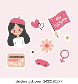 Set of tickers for International Women's Day with a cute cartoon girl. Vector illustration.