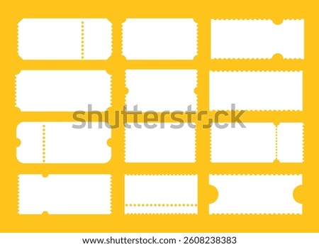 Set of ticket. Admit one tickets. Vintage, retro ticket concert, festival event, movie theater flat coupons. Printable, digital samples icons. Empty flat template. Ticket pattern. Blanks backgrounds.
