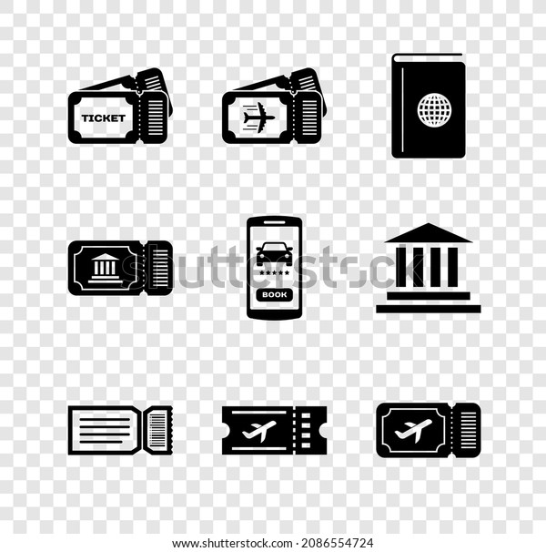 Set Ticket, Airline ticket,\
Cover book travel guide, Museum and Online car sharing icon.\
Vector