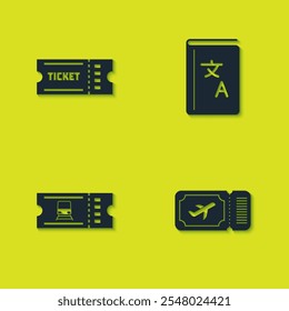 Set Ticket, Airline ticket, Train and Translator book icon. Vector