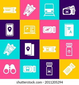 Ticket, Flugticket, Translator Book, Zug, Laptop mit, Infografik der Stadtplan und Icon. Vektorgrafik