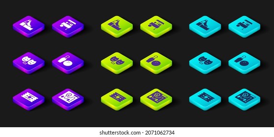 Set Ticket, Amusement park map, Comedy and tragedy masks, Bowling pin ball, Fast street food cart and Water slide icon. Vector