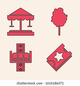 Set Ticket, Attraction carousel, Cotton candy and Attraction carousel icon. Vector