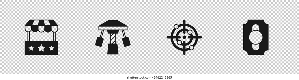 Set Icono de taquilla, carrusel de atracciones, deporte objetivo y boletos de circo. Vector