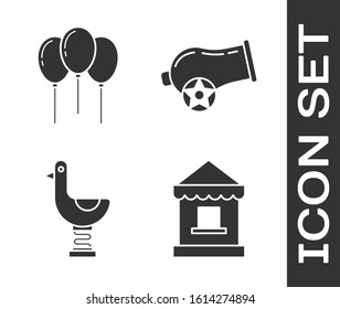Set Ticket box office, Balloons with ribbon, Riding kid duck and Cannon icon. Vector