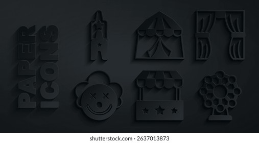 Set Ticket box office, Circus curtain raises, Clown head, Ferris wheel, tent and ticket icon. Vector
