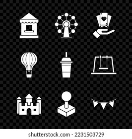 Set Ticket box office, Ferris wheel, Hand holding playing cards, Castle, Joystick for arcade machine, Carnival garland with flags, Hot air balloon and Paper glass drinking straw water icon. Vector - Powered by Shutterstock - Get 15% off with code: PIKWIZARD15