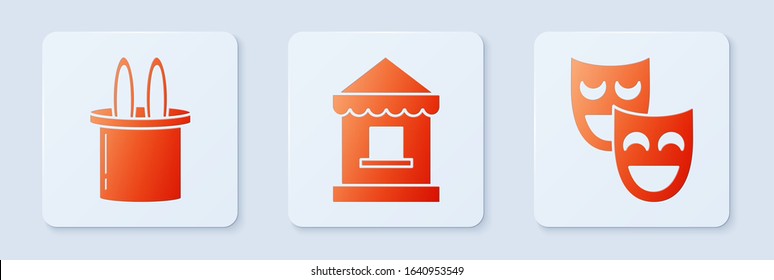 Set Ticket box office, Magician hat and rabbit ears and Comedy theatrical masks. White square button. Vector