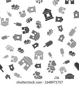 Set Ticket box office, Paw print, Ice cream and Circus tent on seamless pattern. Vector